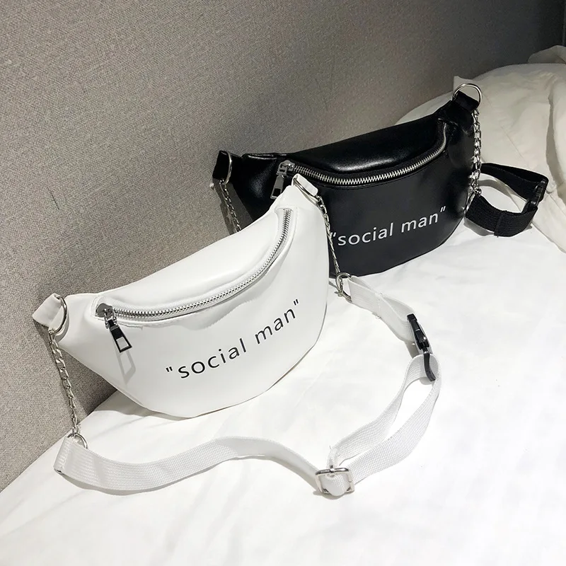 

Personality Letter Printing Pu Waist Bags Women Casual Solid Color Chain Chest Bags Fashion Wide Strap Phone Purse Waist Pack