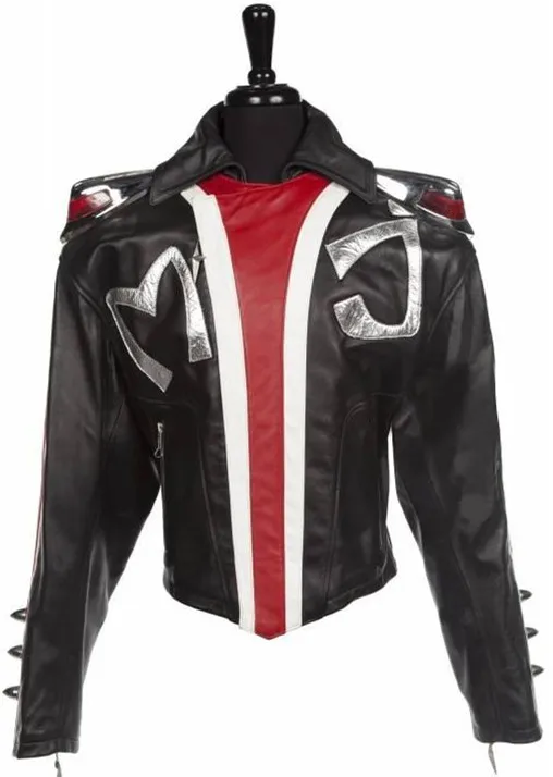 A black cowhide leather jacket with inset MJ in silver leather on front and back of jacket. Shoulders feature chrome motor 