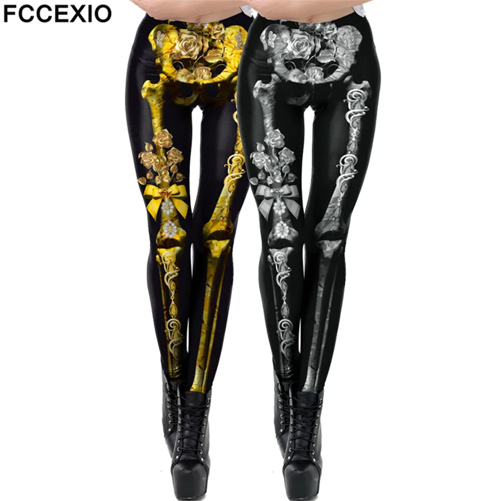 

FCCEXIO Halloween Women Leggings Soft Elastic Workout Push Up Pants Skull Print Fitness Leggings 3D Trousers Punk Pants