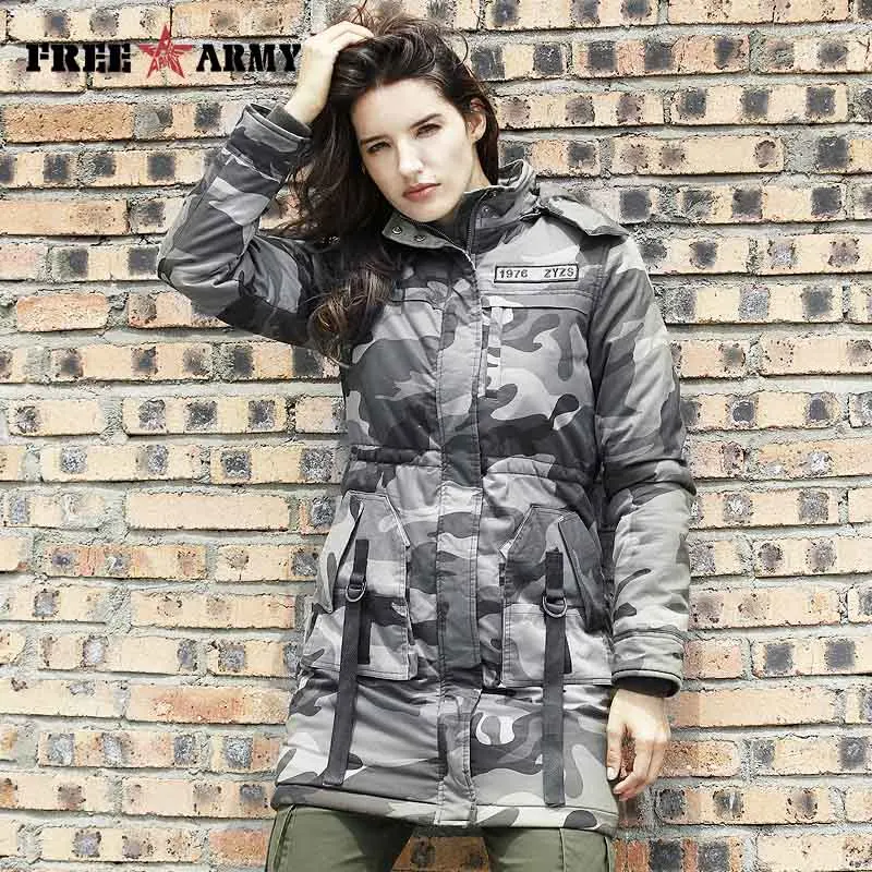 FreeArmy военные камуфляжные женские зимние куртки пальто средняя длинная одежда с капюшоном утепленная теплая молния Женская парка пальто GS-8908 - Цвет: gray camouflage