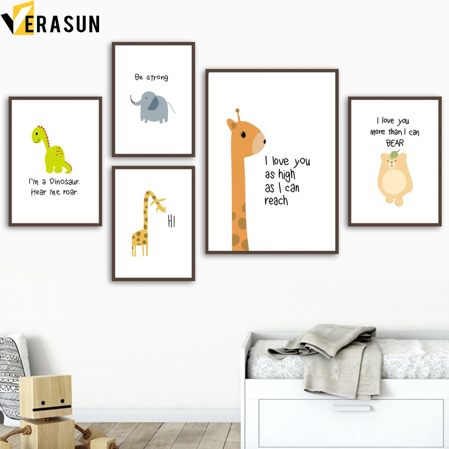 

Cartoon Bear Giraffe Dinosaur Elephant Wall Art Canvas Painting Nordic Posters And Prints Wall Pictures For Kids Room Home Decor