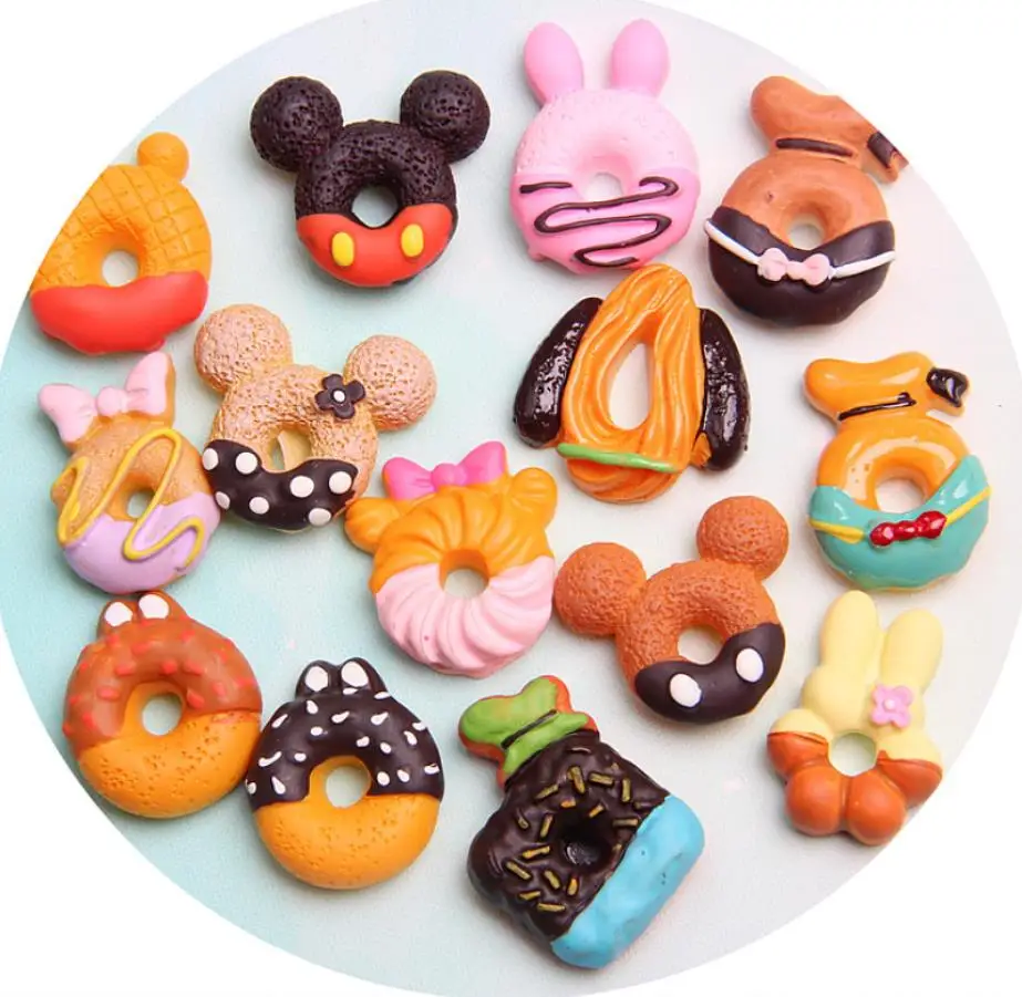 

Wholesale Kawaii Mixed Food DIY Flatback Resin Cabochons Mickey Food Cakes Donuts Biscuit Miniature Kitchen Decoration