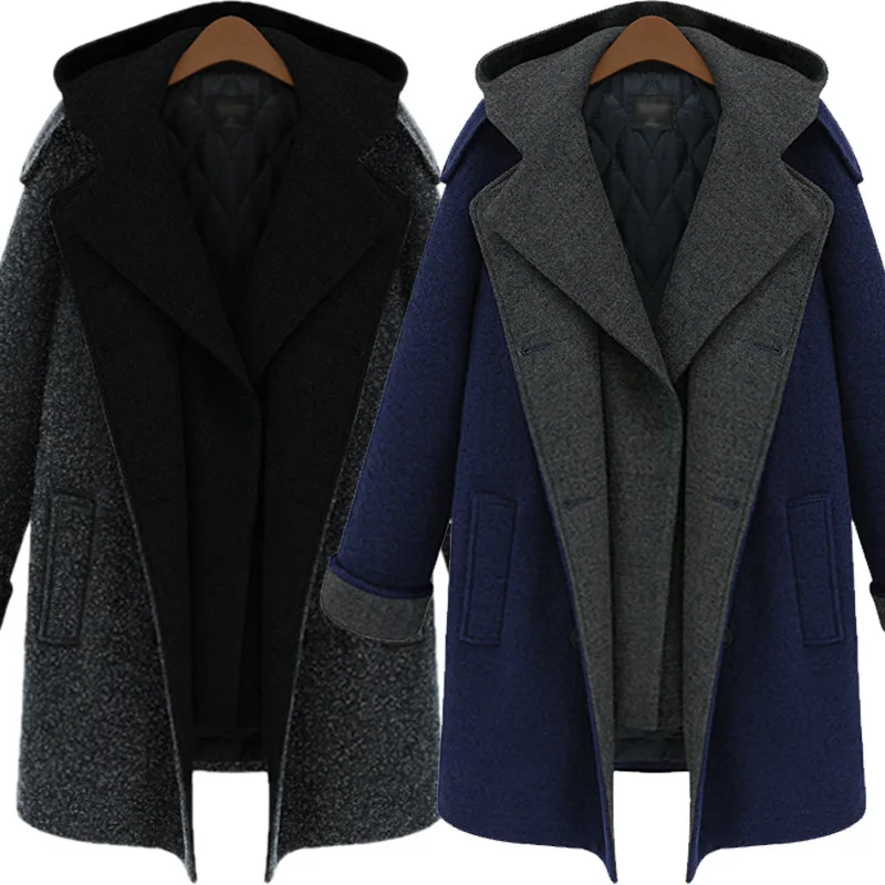 M-5XL размера плюс повседневное женское Шерстяное Пальто осеннее корейское приталенное пальто с капюшоном зимнее плотное шерстяное Женское пальто