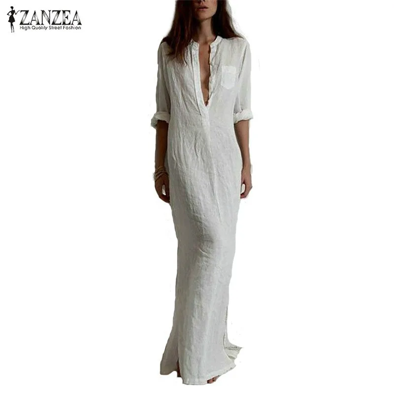 Zanzea Мода Vestidos осеннее женское сексуальное Повседневное платье с длинным рукавом глубокий v-образный вырез с разрезом Сплошное Длинное Платье Макси