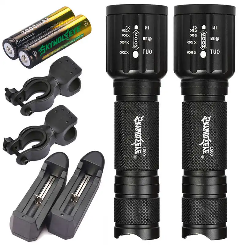 2 x Tactical Flashlight skywolfeye T6 High Powered 5Modes Zoom Aluminum+Battery led flashlight rechargeable fanatic #4S18 (13)