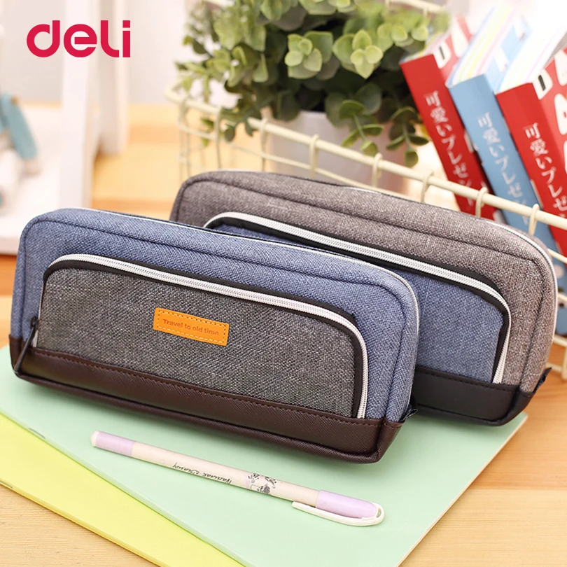 Deli fabric Pencil pen Bag box vintage student pencil case School Stationery three big pocket