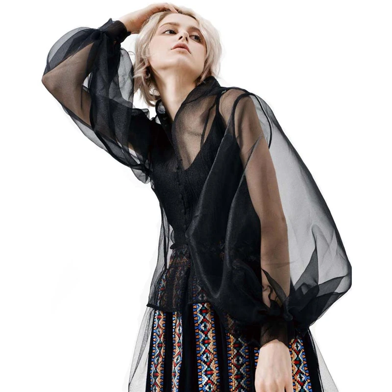 

Puff Sleeve Perspective Sexy Blouse Shirt with Vest Women Black Mesh Transparent Shirts Long Sleeve Casual See Through Tee Top