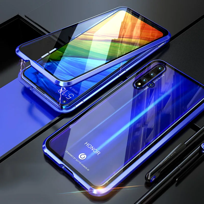 Чехол для huawei honor 20 Pro, Магнитный чехол 360, передний+ задний 9 H, чехол из закаленного стекла для honor 20 9X Pro, металлический бампер, противоударный - Цвет: -Blue-