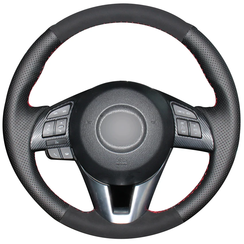 Black Natural Leather Black Suede Car Steering Wheel Cover for Mazda 3