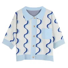 GRUIICEEN весна лето вязаный короткий рукав Топ Футболка винтажная Женская свободная футболка с отложным воротником