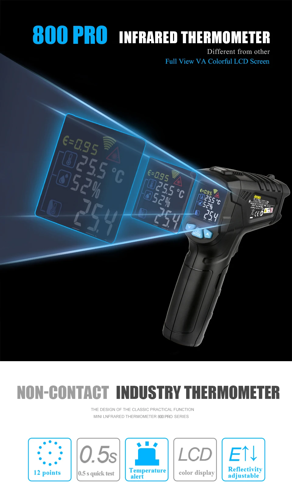 RICHMETERS 800Pro/800 Бесконтактный цифровой инфракрасный термометр для измерения температуры пирометр-50~ 800C аквариум лазерный термометр ИК Температура пистолет регулятор влажности