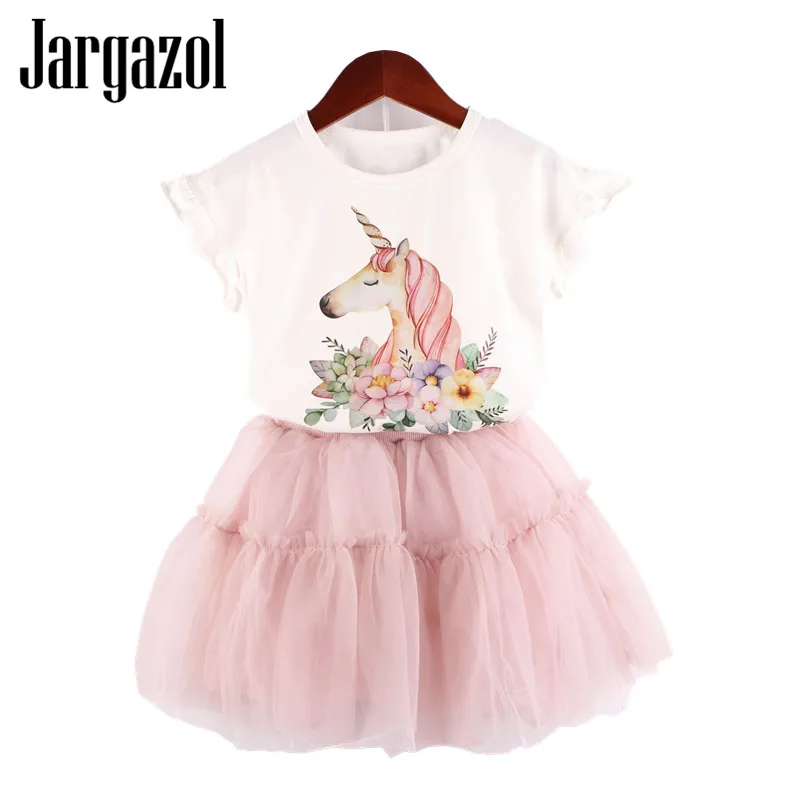 

Jargazol Girl Clothing Set Cute Girls Clothes Unicorn Party Cartoon Printing Tshirt + Skirt 2pcs Casual Children's Clothing