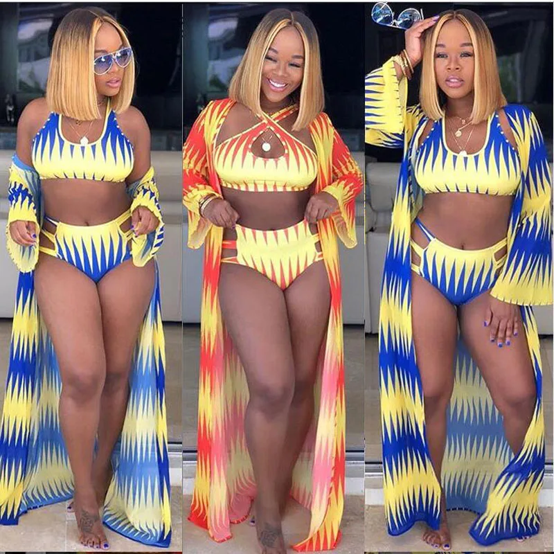 

Sexy Bikini Summer Three pieces Fashion Women‘ s African Print Bikini Beach Swimwear Cover Up Candigan Suit Traje De Bano