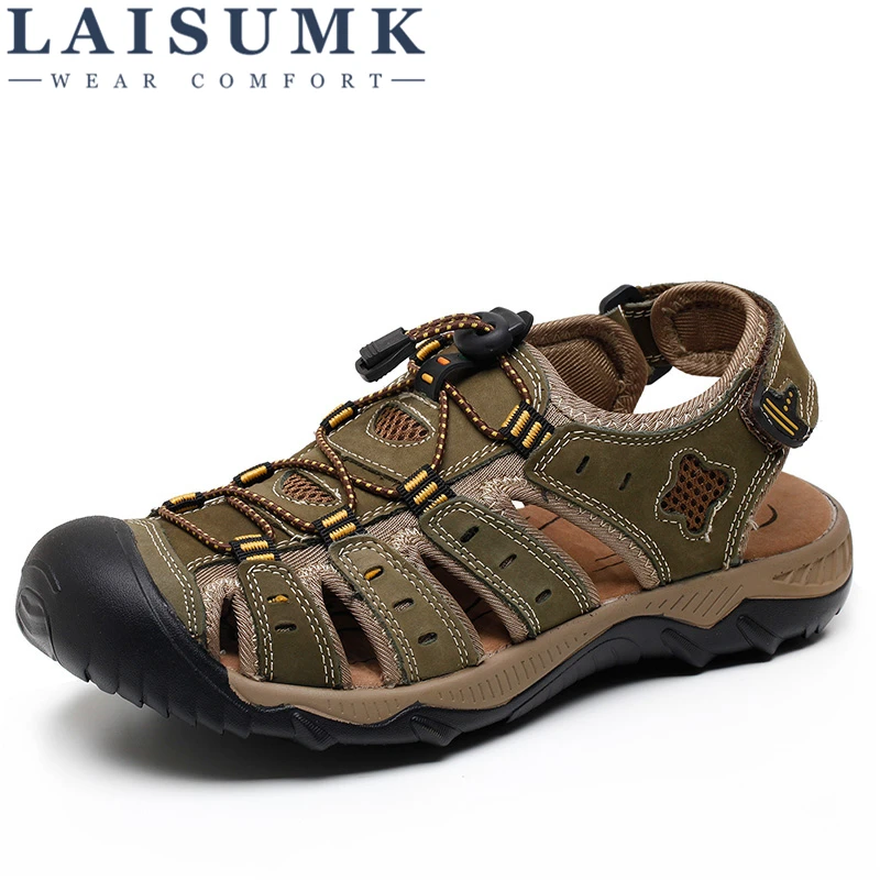 

2019 LAISUMK New Fashion Summer Beach Breathable Men Sandals Genuine Leather Men's Sandal Man Causal Shoes Plus Size 39-48