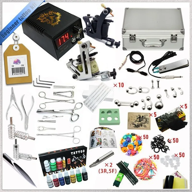 2016 High quality 2 Gun Rotary Tattoo Kit Glitter Complete Machine Equipment Sets+Ink +Needles+Power supply+Grips+Prastice skin Wholesale Beauty & Health