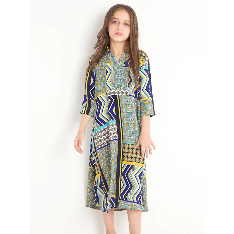 

2018 Girls Summer Dress Loose Floral Long Dresses Large Children's Three Quarter Sleeves Chiffon Dresses Kids Clothing Vestidos