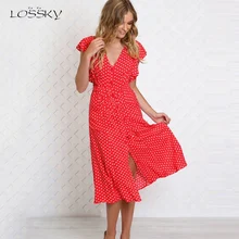 LOSSKY женское платье в горошек с v-образным вырезом, с рюшами, с коротким рукавом, на пуговицах, миди длинное платье, летнее черное тонкое пляжное платье с высокой талией