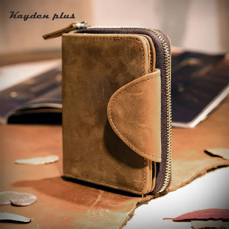 

New Handmade Vintage Crazy Horse Men Wallet Genuine Leather Short Small Zipper Woman Purse Clutch Bag Male Coin Purse