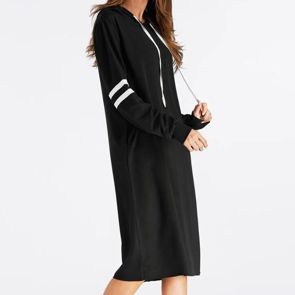 Hip Hip Womens Black Hoodie Pullover Dress Spring Autumn Ladies Fashion Striped Patchwork Long Sleeve Casual Loose Dresses #YL1