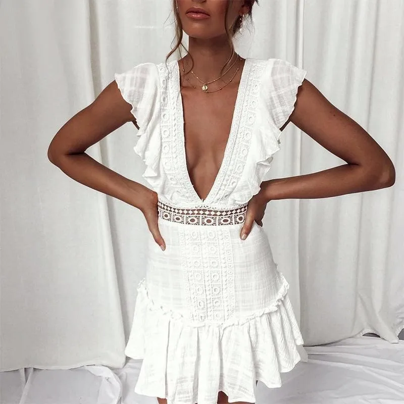 

DeRuiLaDy Elegant White Lace Women Summer Dress 2019 Sexy Hollow Out V-neck Backless Ruffled Mini Dresses Casual Short Dress