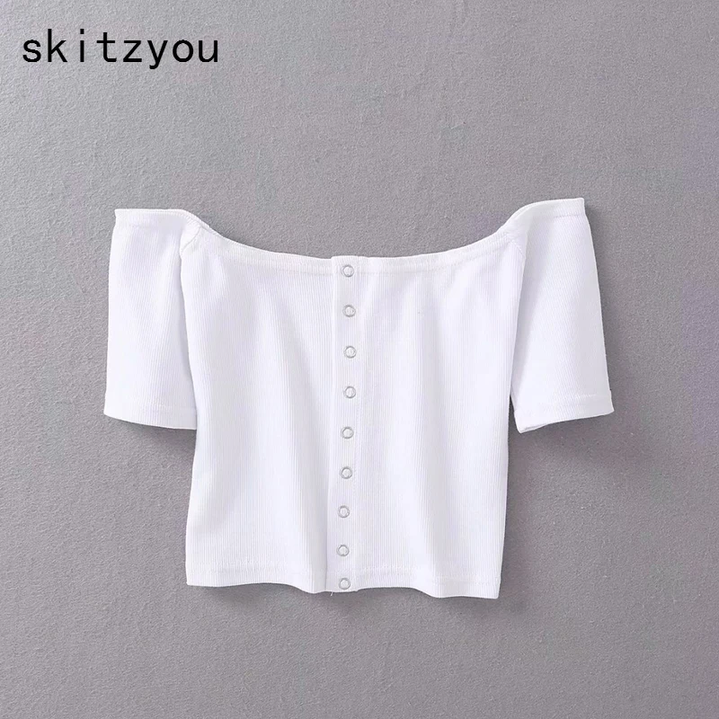 

skitzyou Women Sumer Cotton Crop Top Button Front White Elastic Slim Slash Neck Short Top Tees Black Off Shoulder Sexy Cropped