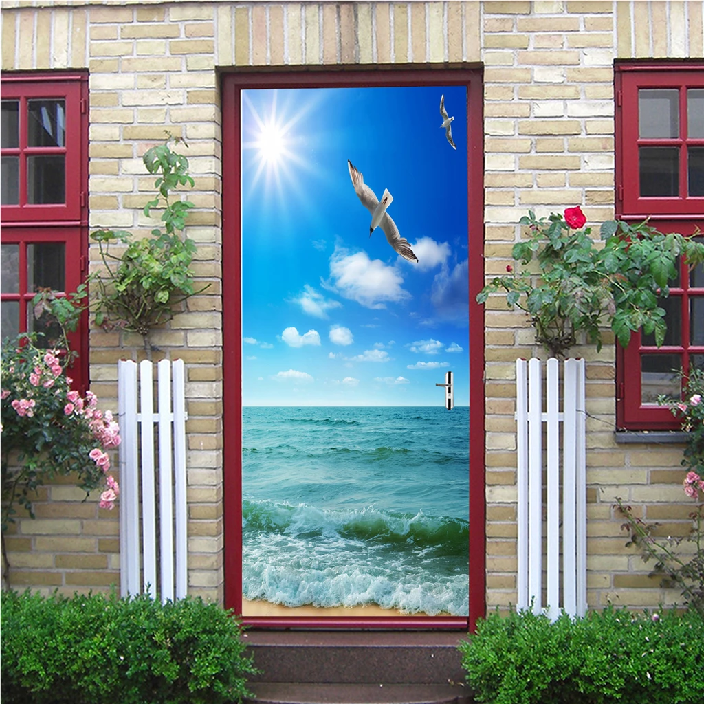 3D Photo Door Murals Sea Side Scenery Wall Sticker Mural Removable Self-Adhesive Fridge Decor Decal 77x200cm