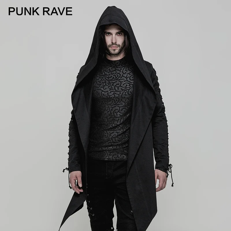 

PUNK RAVE Punk Spring Hooded Trench Cotton Inelastic Woven Loose Men Coat Irregular Sharp Hem Eyelets Drawstring Sleeve Jackets