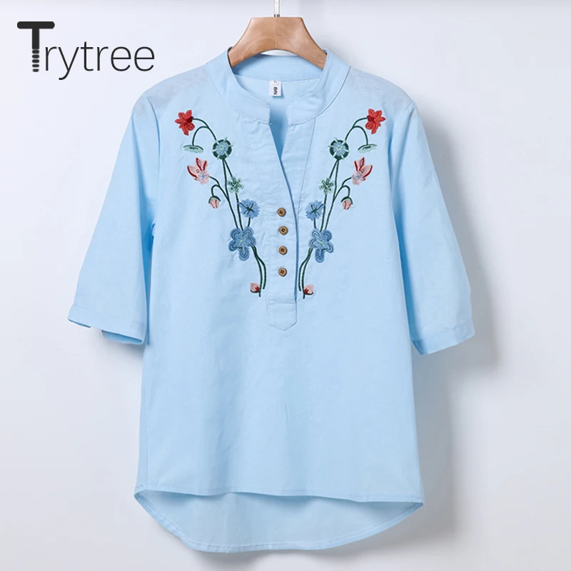 Trytree сезон: весна лето для женщин блузка хлопковый топ Половина рукава рубашки
