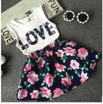 

5sets/lot toddler girls clothing sets summer sleeveless (shirt+skirt) Love Floral baby kids set 0616 sylvia 527979934552