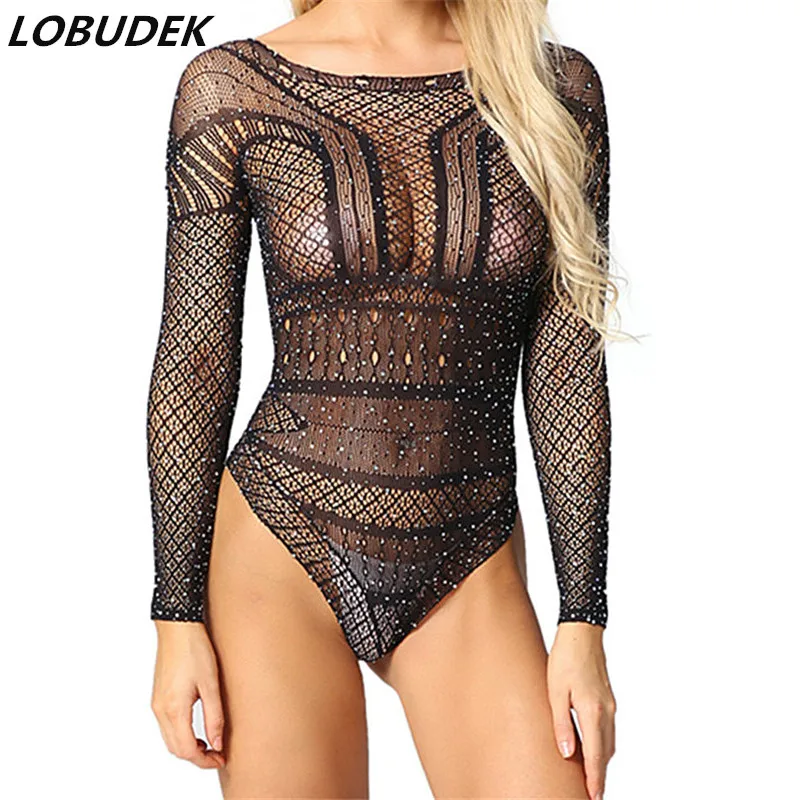 Sexy DJ Female Singer DS Costume Women Nightclub Clothing Pole Dancing Stage Outfit Black Rhineston