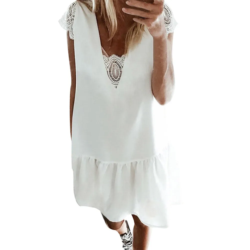 

JAYCOSIN Women's Clothing V-Neck Short Sleeve Straight Dress Ladies Fashion Casual Solid Color Lace Summer Beach Girls Dress