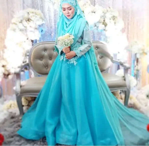 Vestidos De Noiva Wedding Dress Muslim font b Hijab b font Wedding Gowns 2017 Turquoise Blue