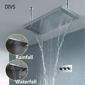 

Multi-function 300*500mm rectangular rainfall waterfall ceiling mounted bathroom showerhead thermostatic diverter tap mixer set