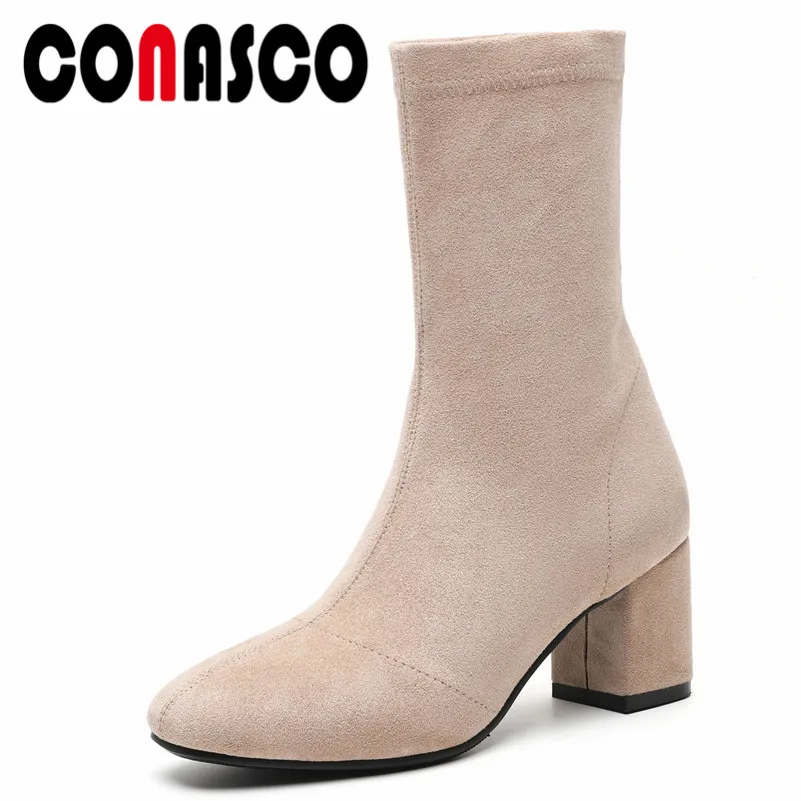 

CONASCO Newest Women Mid-calf Boots High Heels Sexy Party Club Pumps Fashion Brand Stretch Shoes Woman Prom Pumps Casual Boots