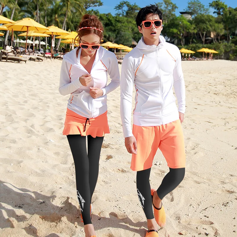 Matching Couples Upf 50+ Longs Sleeve Zip UP Rash Guard set of 4 piece Sun UV Rashguard Swim Shirt Leggings Trunks Men Women