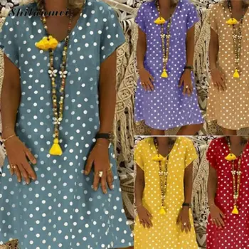 

2019 Summer Dress Plus Size Women Short Sleeve V Neck T-Shirt Ladies Dot Casual Loose Linen Cotton Dress Feminino Vestidos S-5xl