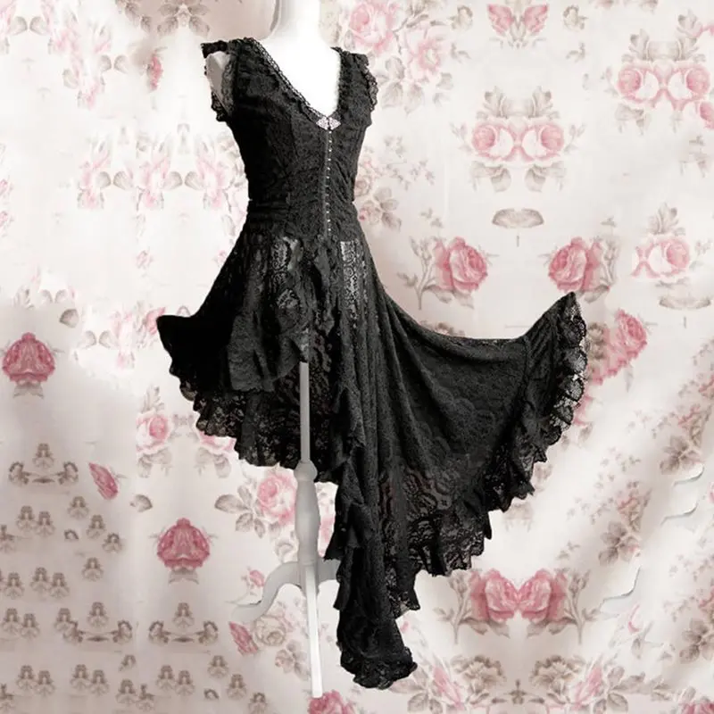 

Summer Elegant Black Gothic Chic Sexy Plus Size Party Women Long Dresses Lace Plain Hollow Mesh Female Retro Fashion Maxi Dress