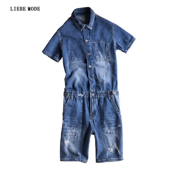Mens Jumpsuit Denim Overalls Short Sleeve Men Baggy Cargo Pants With