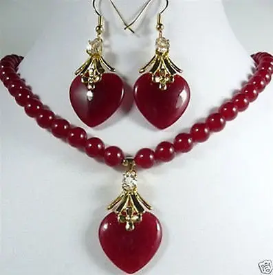 

8mm red necklace 17 "& heart love earrings pendant set>^^>18K gold plated watch Quartz stone CZ crystal (A0503)
