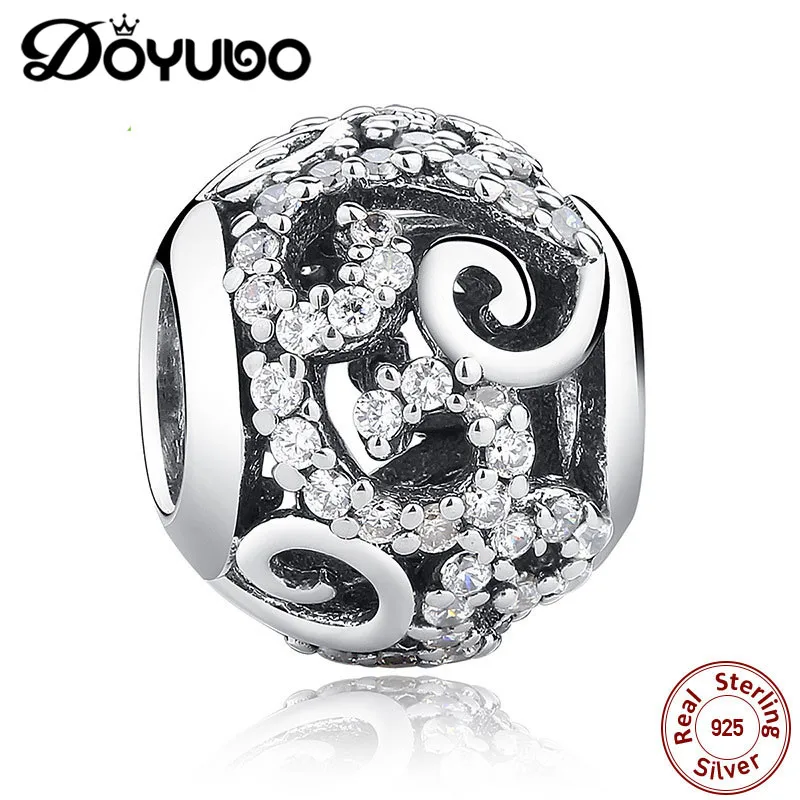

DOYUBO Elegant Real Sterling Silver Round Hollowed Beads With White Cubic Zircon To Fit Snake Bracelets Silver DIY Charms ADD019