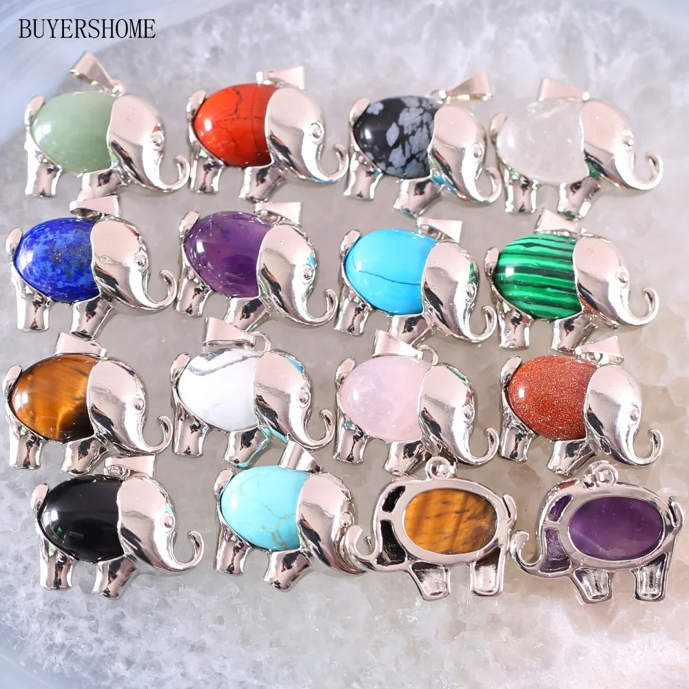 

Animal Elephant Natural Stone Bead Green Aventurine Malachite Howlite Crystal Lapis Gold Tiger's Eye Pendant 10Pcs