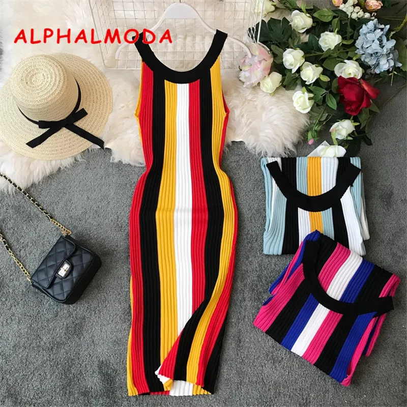 

ALPHALMODA Summer 2019 New Round Neck Rainbow Vertical Striped Women Vintage Sexy Knit Dress Sleeveless Pullovers Ladies Vestido