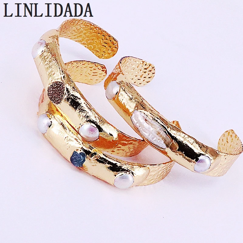 

3Pcs Fashion Gold Color Copper Bangles Nature Pearl and Natural Stone Cuff Bangle for Women Jewelry
