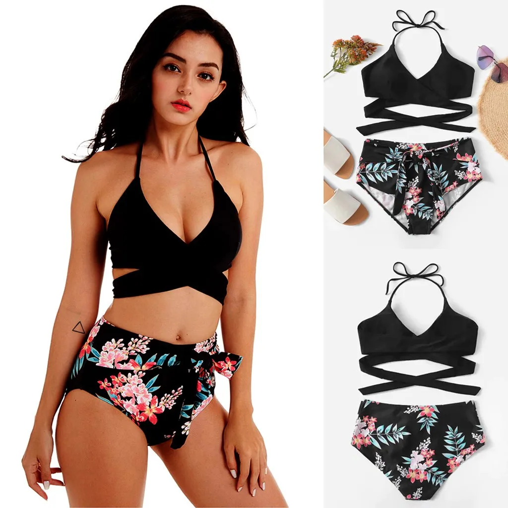 Женский комплект с бюстгальтером, бюстгальтер с пуш-ап подкладкой, пляжный комплект с бюстгальтером на бретельках, летний сексуальный купальник с высокой талией для улицы# C