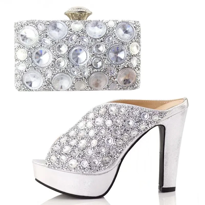 

Free shipping elegant nice design silver shoes and bag to matach women african aso ebi wedding party italian design SB8121-1