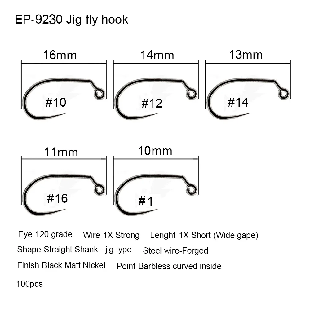 Eupheng, 100 шт., рыболовный крючок для соревнований, для ловли нахлыстом, крючок для завязывания мух, рыболовный, сухой, Nymph Shirmp, мокрый, Caddis, крючок для ловли нахлыстом, черный никель - Цвет: Jig fly hook 9230