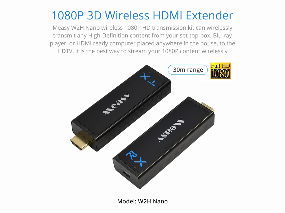 W2H Nano HDMI беспроводной удлинитель 1080P 3D 7,1 HD аудио видео алюминиевый HDMI Расширение отправителя 30 м 100FT беспроводной передатчик приемник