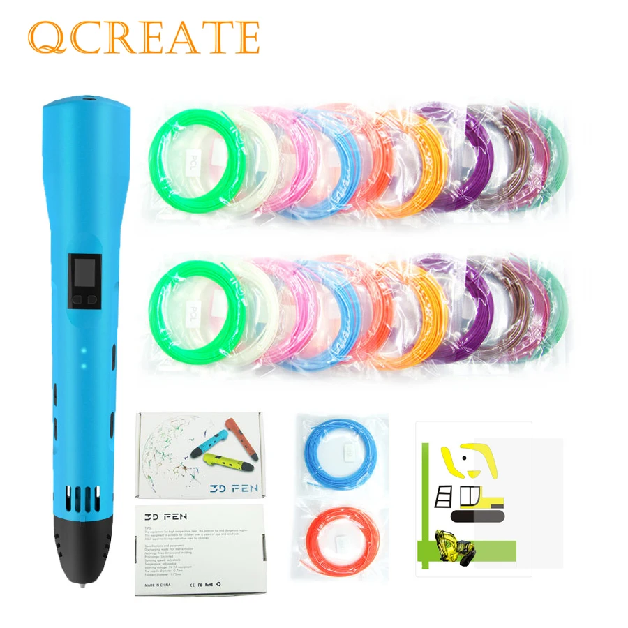 Koop QCREATE 3D Printing Pen PLA PCL Dual Mode 3D Printer Pen LCD Scherm Temperatuur en Snelheid Verstelbare voeg 100 m plastic Filament