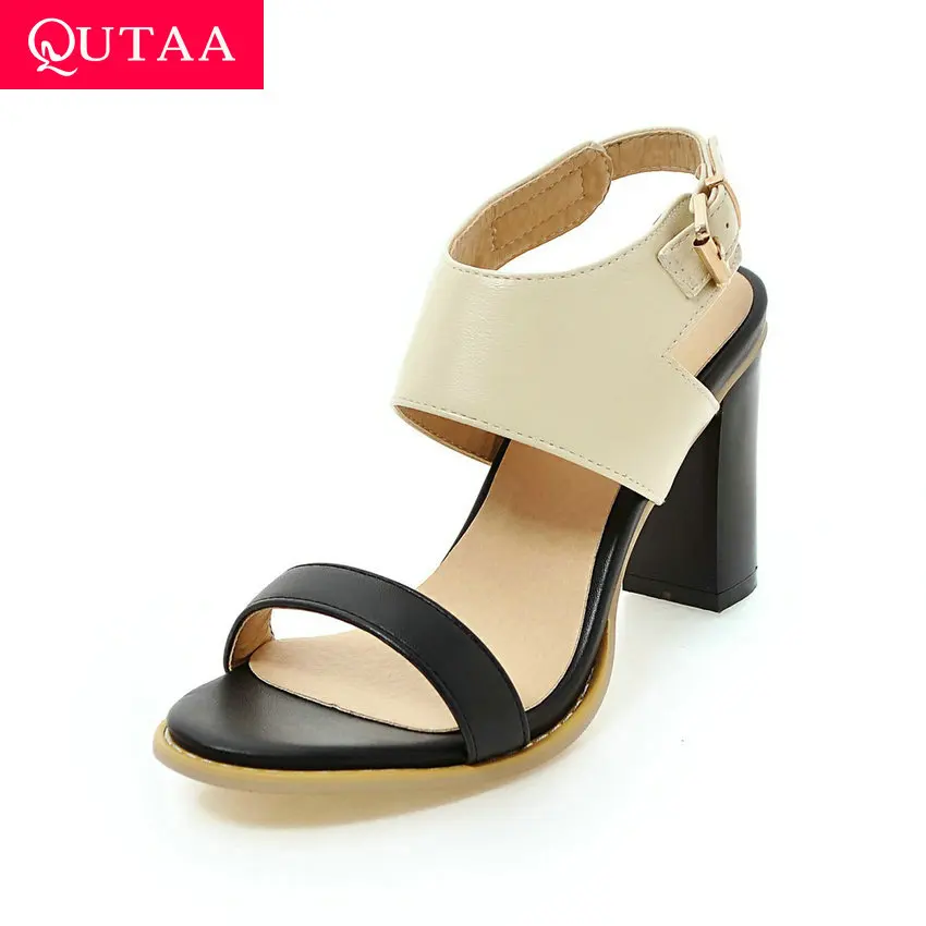 

QUTAA 2019 Women Sandals Sexy Open-toed Mixed Color PU Buckle Coarse Heel Slingback Summer All Match Ladies Shoes Size 34-43