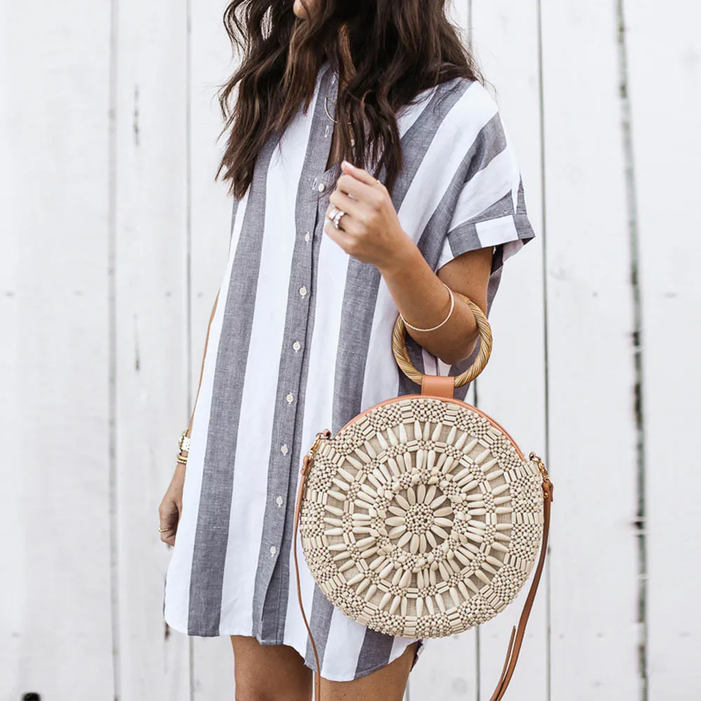 

Fashion Women dress Ukraine Loose Shirts Dress Summer Casual beach Stripe button Sundress Ladies robe femme Dresses vestidos #